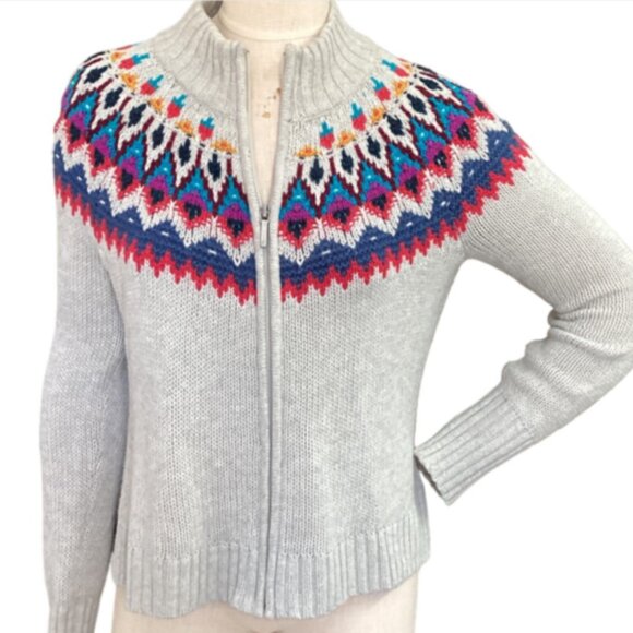 Chaps Fair Isle Full-Zip Mock-neck Sweater Sz Petite M #291T - Picture 3 of 9